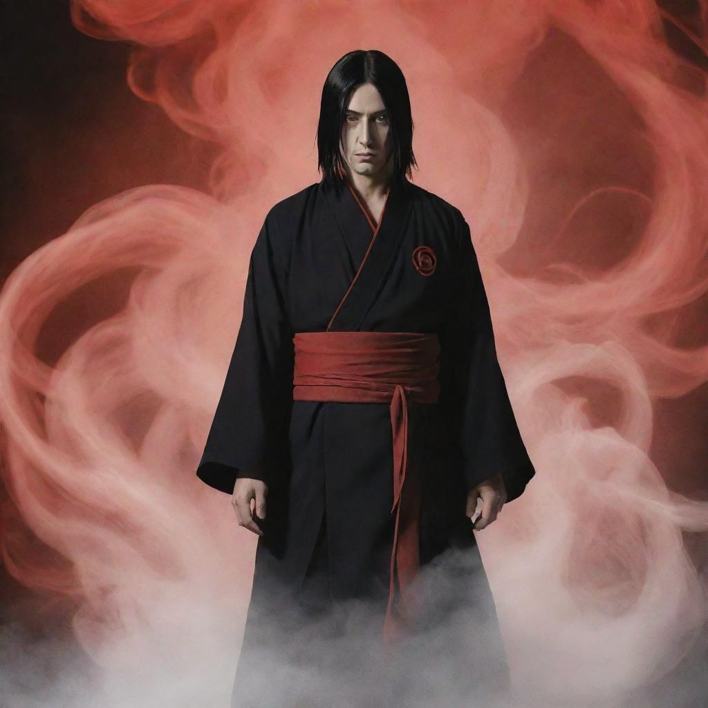 Anime character Itachi Uchiha surrounded by alluring smoke tendrils, casting an ominous yet mysterious vibe.