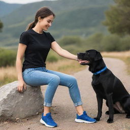 A beautiful girl wearing a black t-shirt and blue denim jeans, with blue sneakers, happily playing with her elderly Labrador dog in a scenic environment.