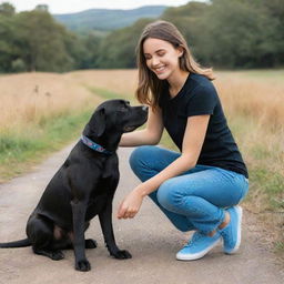 A beautiful girl wearing a black t-shirt and blue denim jeans, with blue sneakers, happily playing with her elderly Labrador dog in a scenic environment.