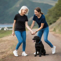 A beautiful girl wearing a black t-shirt and blue denim jeans, with blue sneakers, happily playing with her elderly Labrador dog in a scenic environment.