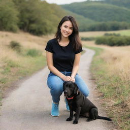 A beautiful girl wearing a black t-shirt and blue denim jeans, with blue sneakers, happily playing with her elderly Labrador dog in a scenic environment.