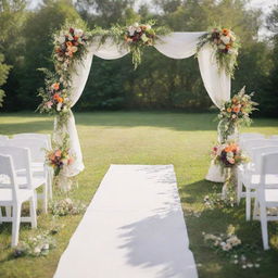 A vibrant summer wedding scene. Outdoor setting with white chairs, flowers in full bloom, a beautifully arranged arch with flowing fabrics and warm sunlight overhead.