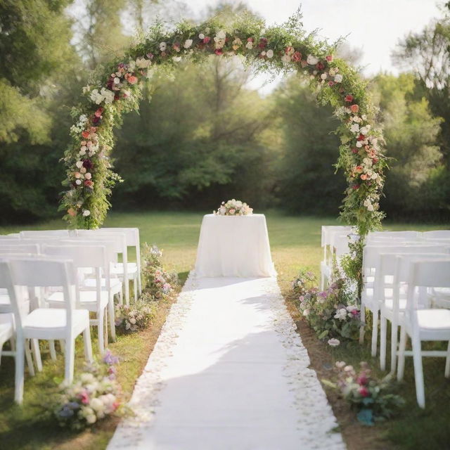 A vibrant summer wedding scene. Outdoor setting with white chairs, flowers in full bloom, a beautifully arranged arch with flowing fabrics and warm sunlight overhead.