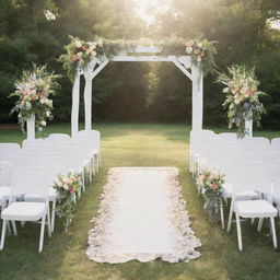 A vibrant summer wedding scene. Outdoor setting with white chairs, flowers in full bloom, a beautifully arranged arch with flowing fabrics and warm sunlight overhead.