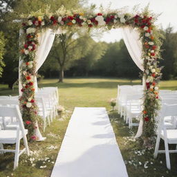 A vibrant summer wedding scene. Outdoor setting with white chairs, flowers in full bloom, a beautifully arranged arch with flowing fabrics and warm sunlight overhead.