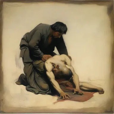 The painting depicted a powerful figure prostrating a weaker opponent, symbolizing the artist's exploration of power dynamics.