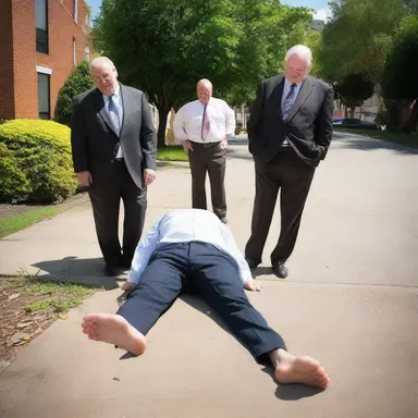 As a playful prank, John pretended to prostrate himself dramatically, falling flat on the ground, much to the amusement of his friends.