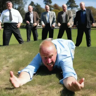 As a playful prank, John pretended to prostrate himself dramatically, falling flat on the ground, much to the amusement of his friends.