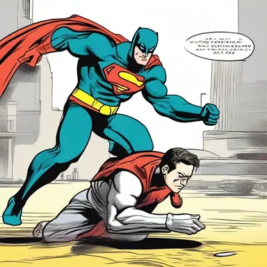 In the comic strip, the superhero defeated the villain and prostrated him on the ground, declaring victory.