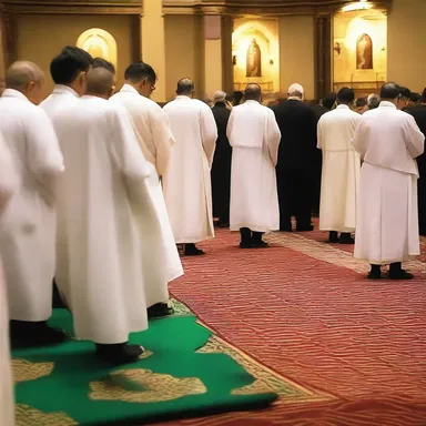 During the prayer service, the devout followers prostrate themselves before the altar.