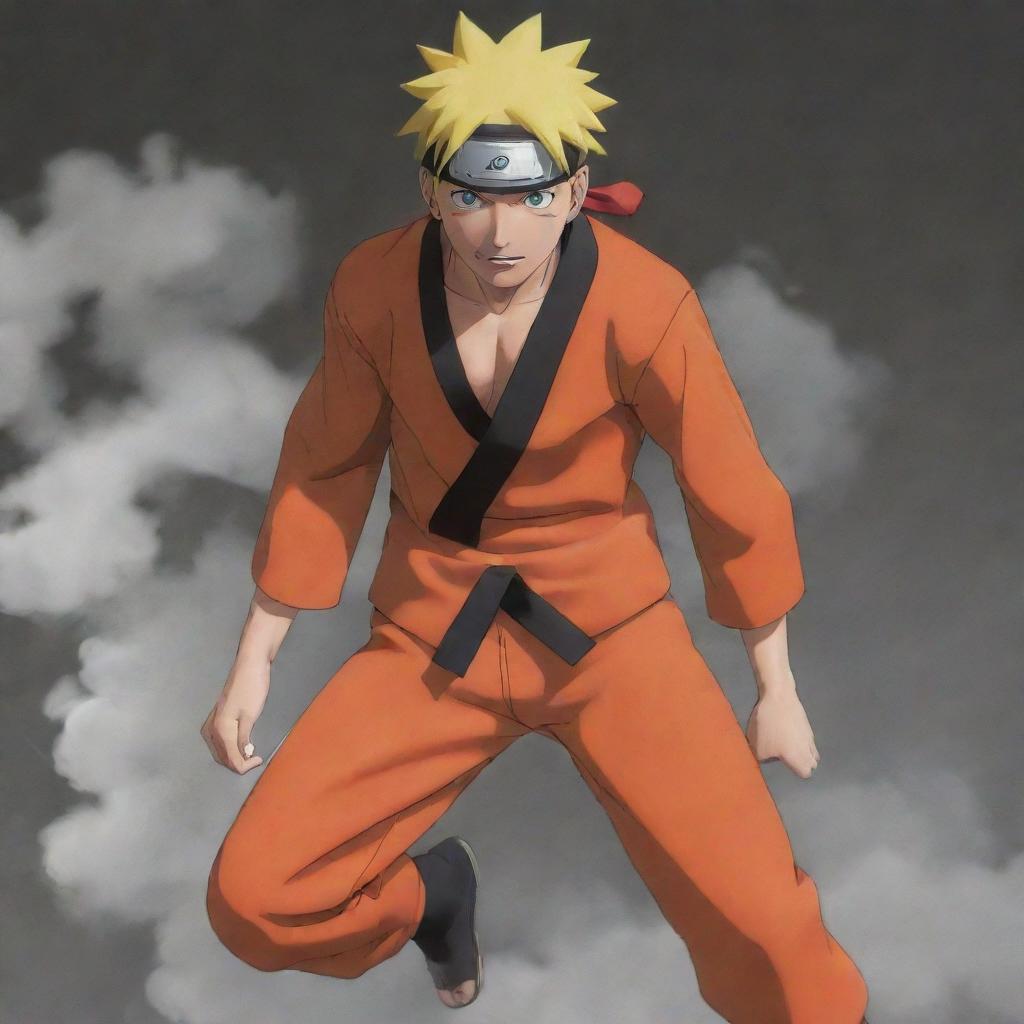 Anime character Naruto Uzumaki in his signature orange outfit, leaning against a wall, casually exhaling a thin stream of smoke from a stick of incense.