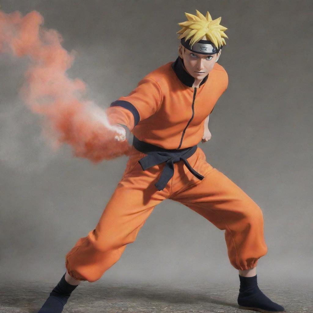 Anime character Naruto Uzumaki in his signature orange outfit, leaning against a wall, casually exhaling a thin stream of smoke from a stick of incense.