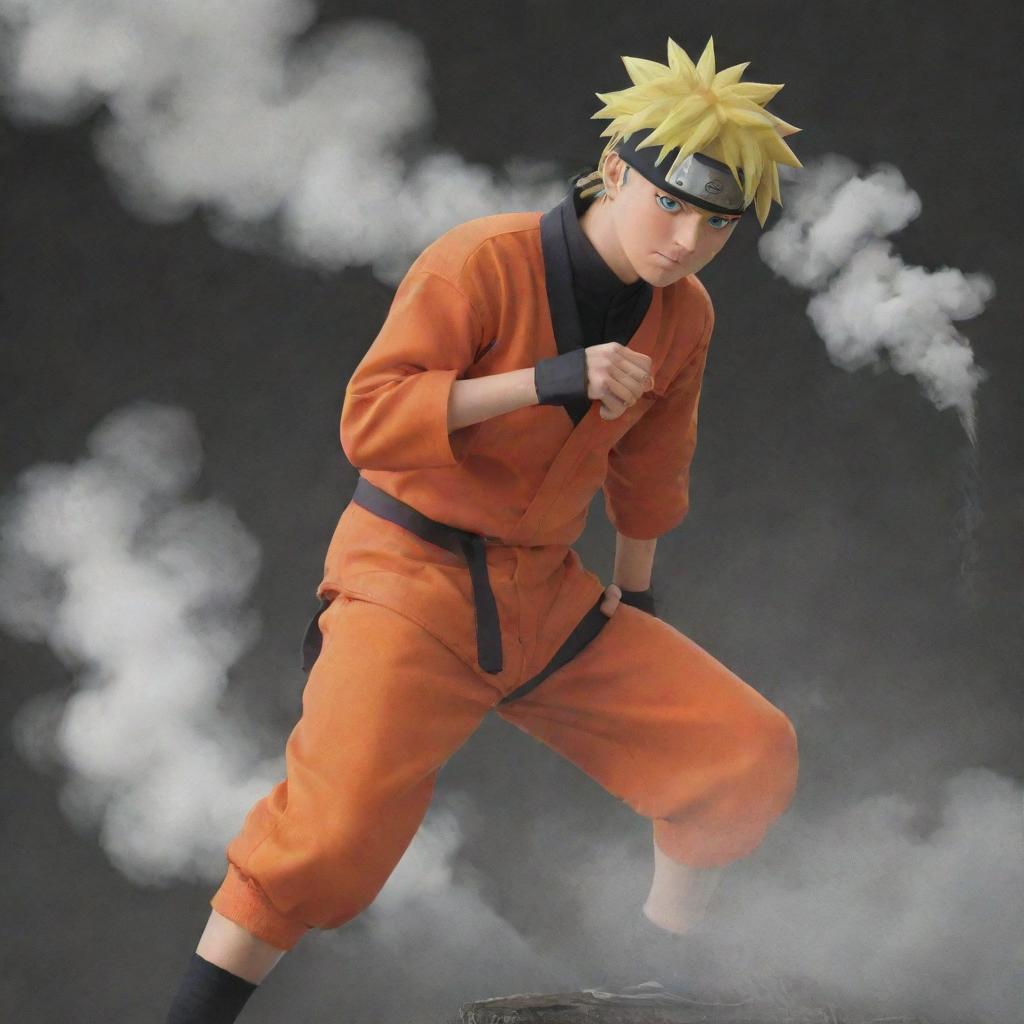 Anime character Naruto Uzumaki in his signature orange outfit, leaning against a wall, casually exhaling a thin stream of smoke from a stick of incense.