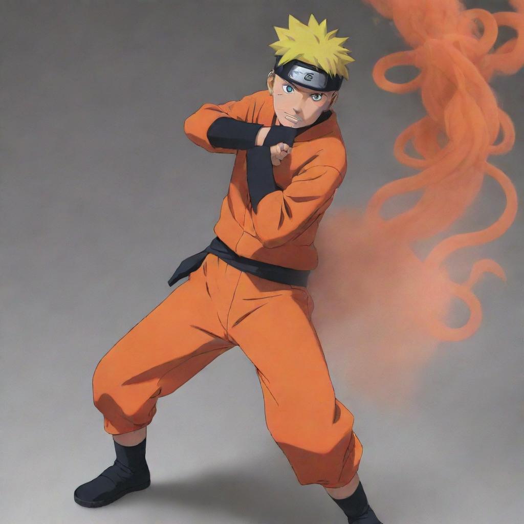 Anime character Naruto Uzumaki in his signature orange outfit, leaning against a wall, casually exhaling a thin stream of smoke from a stick of incense.