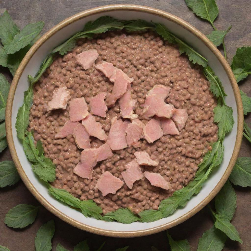 A hearty bowl of cat food garnished with small fish and chunks of meat surrounded by catnip plants.