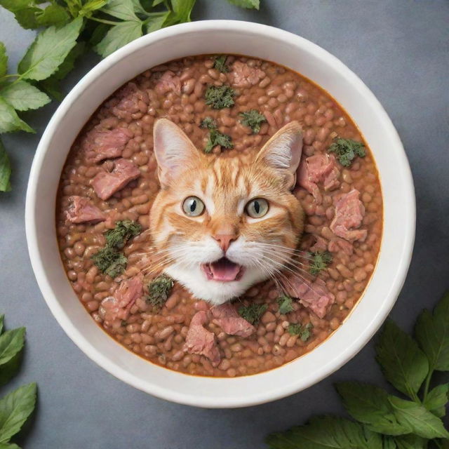 A hearty bowl of cat food garnished with small fish and chunks of meat surrounded by catnip plants.