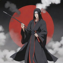 Anime character, Itachi Uchiha from the Naruto series, holding a traditional Japanese Kiseru pipe, releasing a thin trail of smoke.