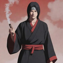 Anime character, Itachi Uchiha from the Naruto series, holding a traditional Japanese Kiseru pipe, releasing a thin trail of smoke.