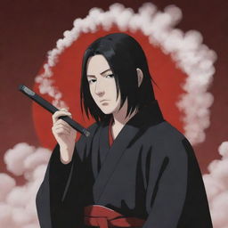 Anime character, Itachi Uchiha from the Naruto series, holding a traditional Japanese Kiseru pipe, releasing a thin trail of smoke.