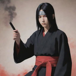 Anime character, Itachi Uchiha from the Naruto series, holding a traditional Japanese Kiseru pipe, releasing a thin trail of smoke.