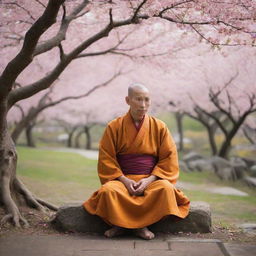 A tranquil, meditative monk, draped in traditional saffron robes, seated serenely in a peaceful Zen garden under the delicate, flowering cherry blossom trees.