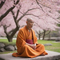 A tranquil, meditative monk, draped in traditional saffron robes, seated serenely in a peaceful Zen garden under the delicate, flowering cherry blossom trees.