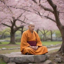 A tranquil, meditative monk, draped in traditional saffron robes, seated serenely in a peaceful Zen garden under the delicate, flowering cherry blossom trees.