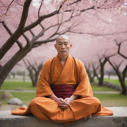 A tranquil, meditative monk, draped in traditional saffron robes, seated serenely in a peaceful Zen garden under the delicate, flowering cherry blossom trees.