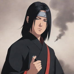 Anime character, Itachi Uchiha from the Naruto series, seen holding a traditional Japanese Kiseru pipe, exhaling a trail of smoke.