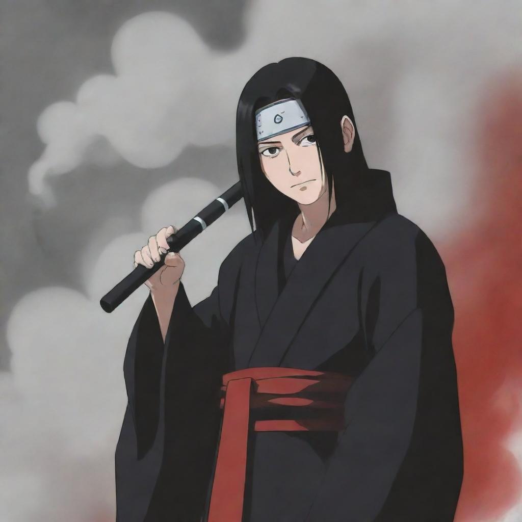 Anime character, Itachi Uchiha from the Naruto series, seen holding a traditional Japanese Kiseru pipe, exhaling a trail of smoke.