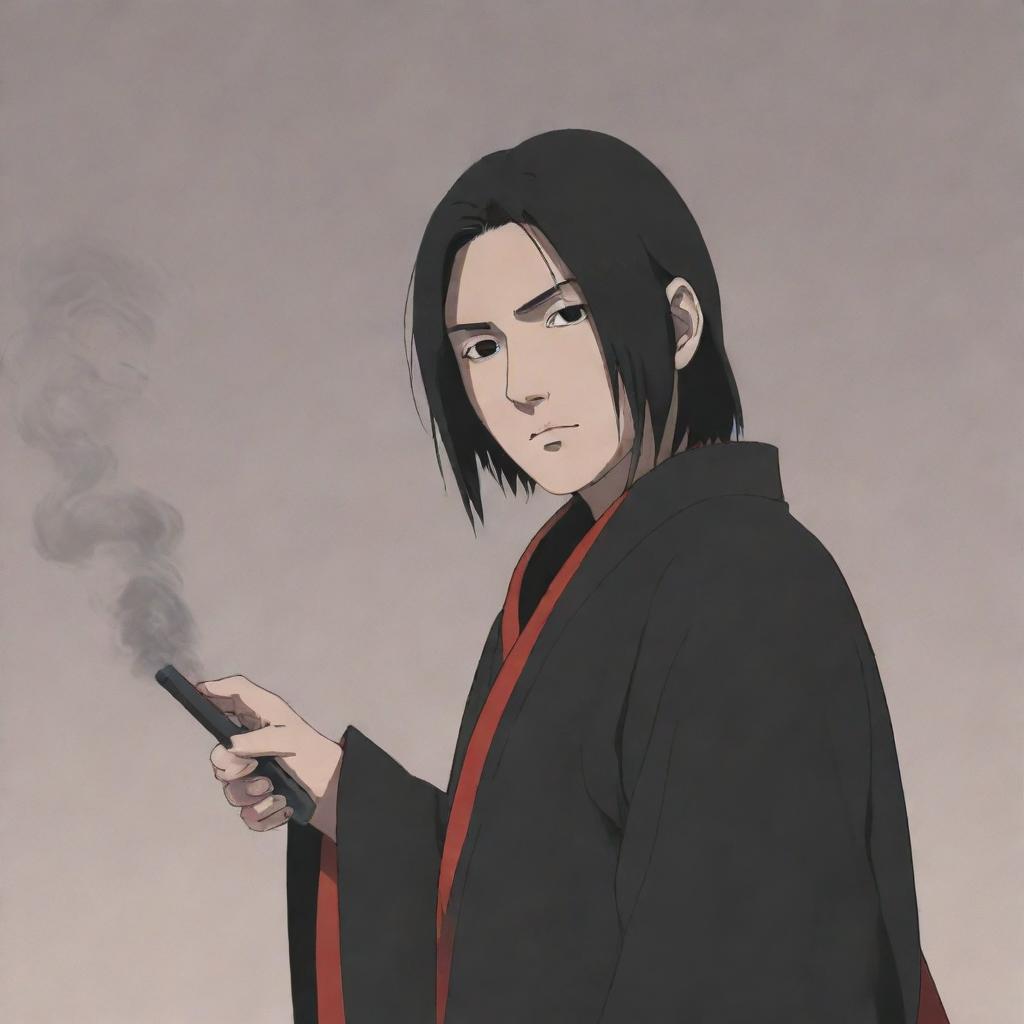 Anime character, Itachi Uchiha from the Naruto series, seen holding a traditional Japanese Kiseru pipe, exhaling a trail of smoke.