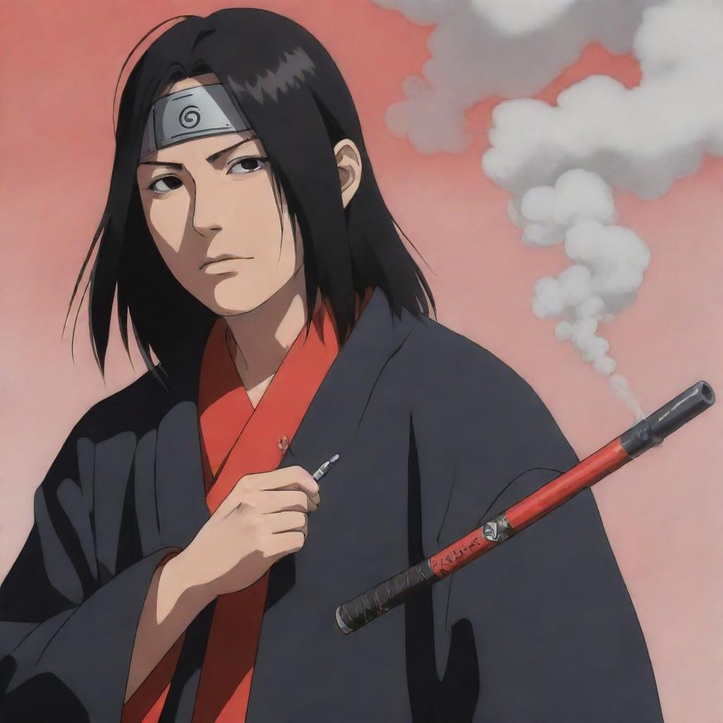 Anime character, Itachi Uchiha from the Naruto series, seen holding a traditional Japanese Kiseru pipe, exhaling a trail of smoke.