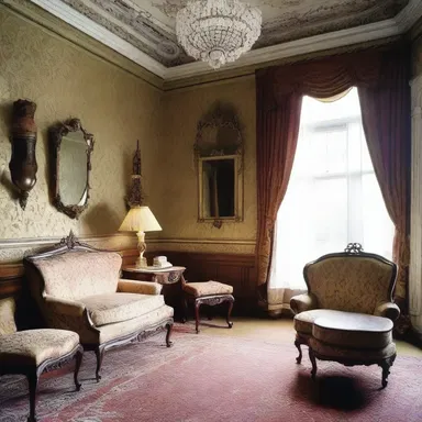 The Victorian style house was decorated with ornate furniture and delicate patterns, reflecting the sentimentalist design principles of the era.
