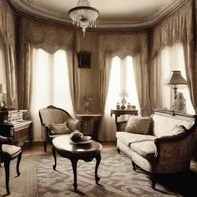 The Victorian style house was decorated with ornate furniture and delicate patterns, reflecting the sentimentalist design principles of the era.