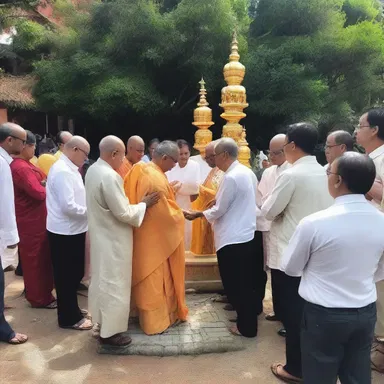 After attending the prayer service, the devotees gathered around the gatepost to receive blessings from the priest.
