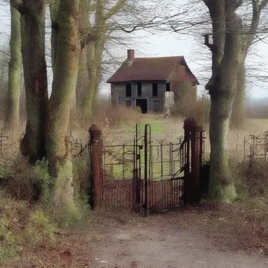 The old abandoned house had a gate with rusty gateposts, giving an eerie feeling to anyone passing by.