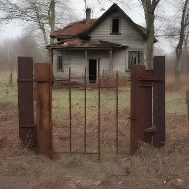 The old abandoned house had a gate with rusty gateposts, giving an eerie feeling to anyone passing by.