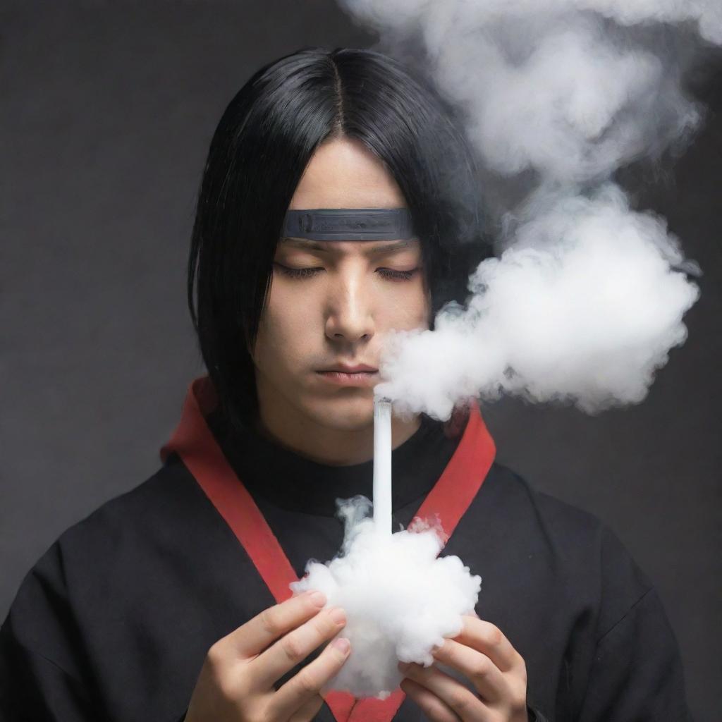 Anime character, Itachi Uchiha from Naruto series, exhaling a cloud of vapor from a modern vape device.