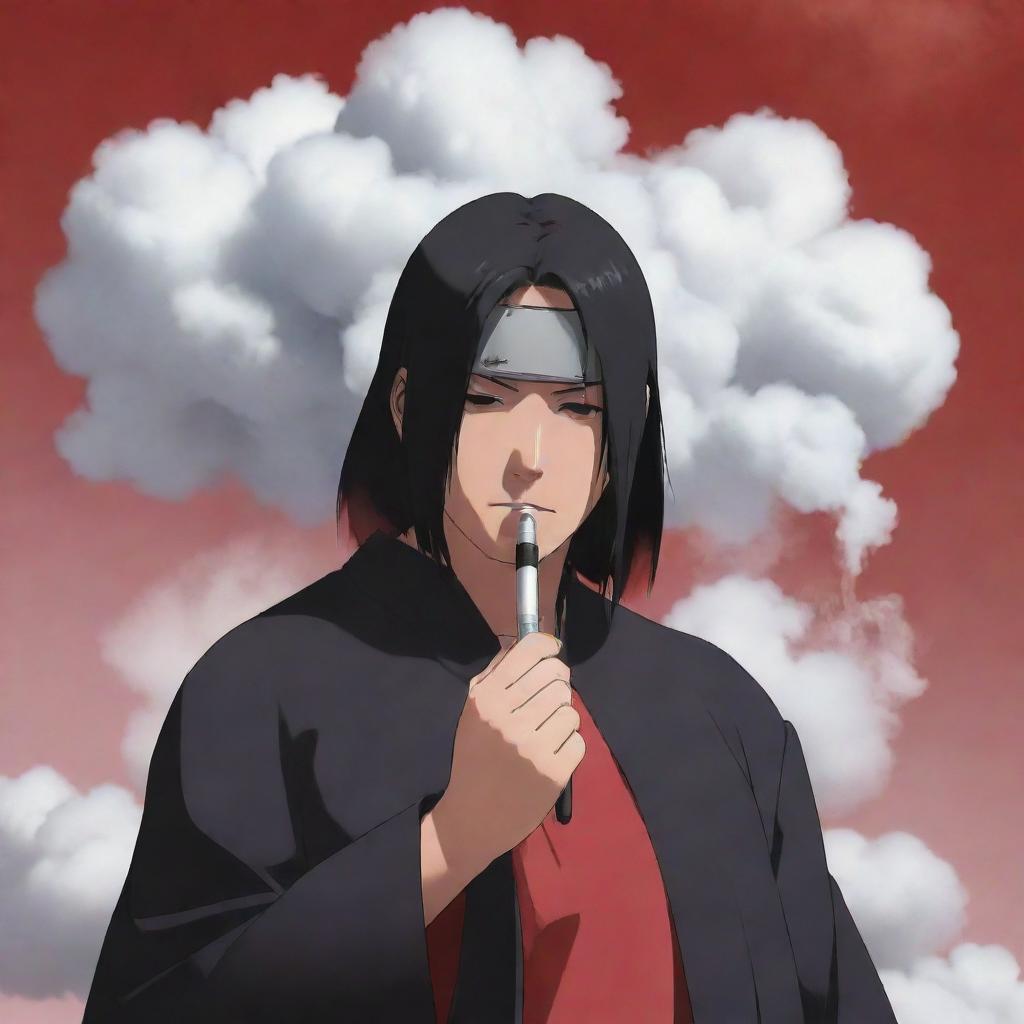 Anime character, Itachi Uchiha from Naruto series, exhaling a cloud of vapor from a modern vape device.