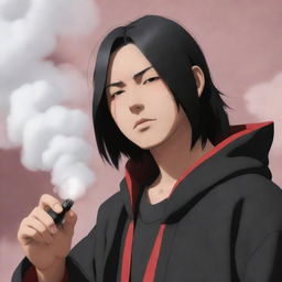 Anime character, Itachi Uchiha from Naruto series, exhaling a cloud of vapor from a modern vape device.