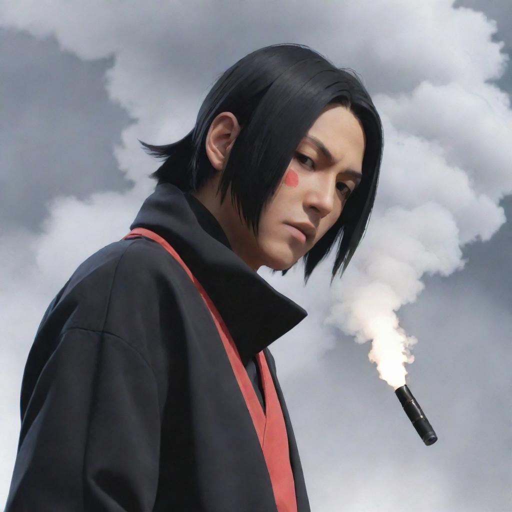 Anime character, Itachi Uchiha from Naruto series, exhaling a cloud of vapor from a modern vape device.