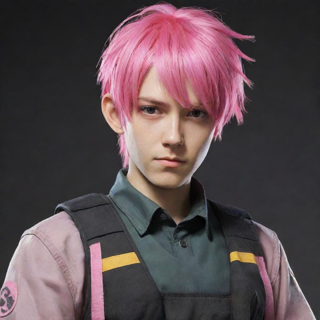 Anime boy with pink hair dressed in Combine uniform from Half Life 2