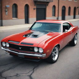 Generate an aesthetically appealing classic muscle car with glossy paint, aggressive stance, and a roaring engine showcasing power and style