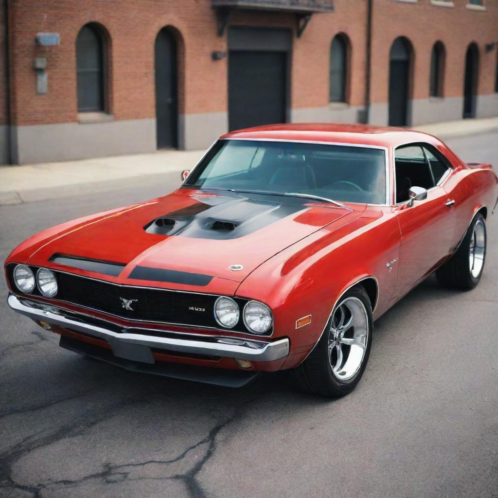 Generate an aesthetically appealing classic muscle car with glossy paint, aggressive stance, and a roaring engine showcasing power and style
