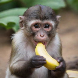 A playful monkey joyfully feasting on a ripe, yellow banana