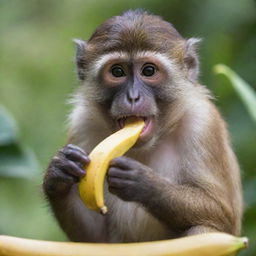 A playful monkey joyfully feasting on a ripe, yellow banana