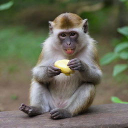 A playful monkey joyfully feasting on a ripe, yellow banana