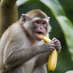 A playful monkey joyfully feasting on a ripe, yellow banana