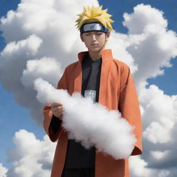 Anime character, Hiruzen Sarutobi from the Naruto series, in his Hokage costume exhaling a large cloud from a modern vape device.