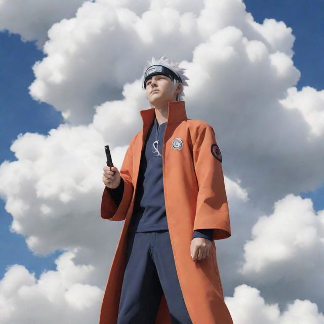 Anime character, Hiruzen Sarutobi from the Naruto series, in his Hokage costume exhaling a large cloud from a modern vape device.